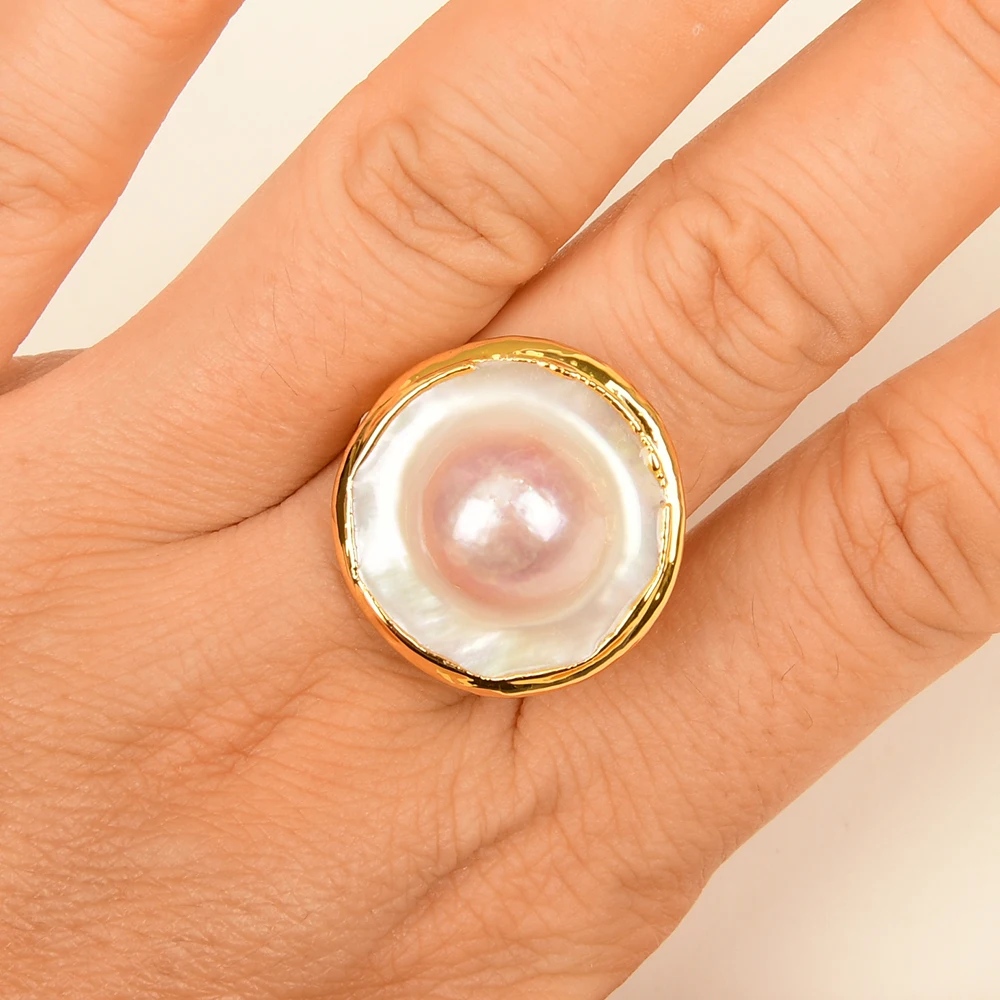 G-G Conjunto de anillos de mujer con joyería ajustable con moneda de perla Mabe rosa natural
