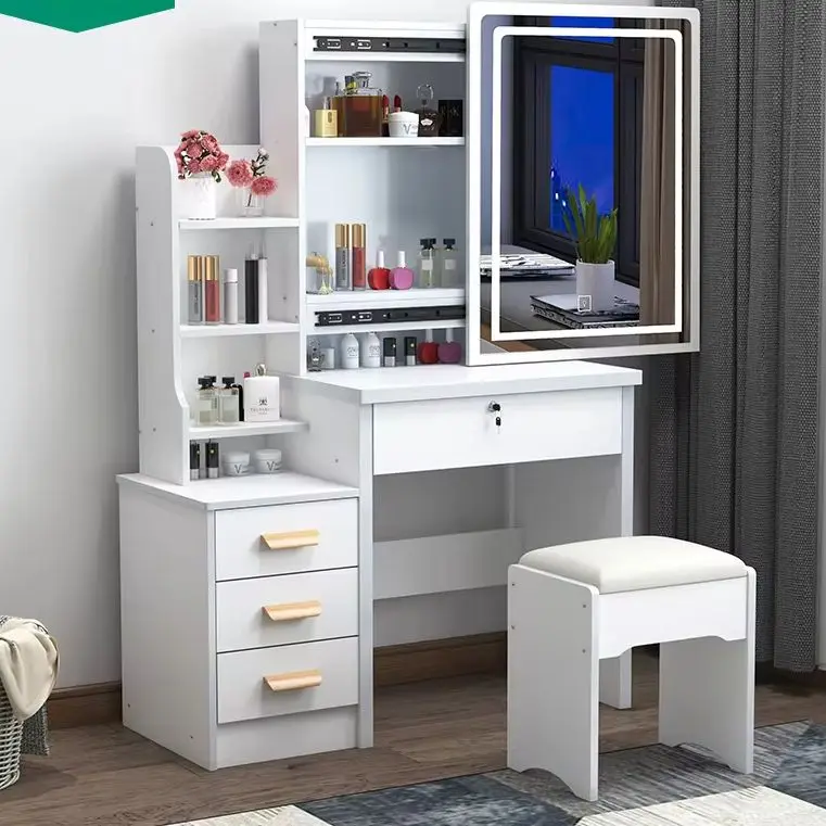 

Girls nordic modern make up vanity organizer dressing table set wooden bedroom furniture white dresser drawers mirror with light