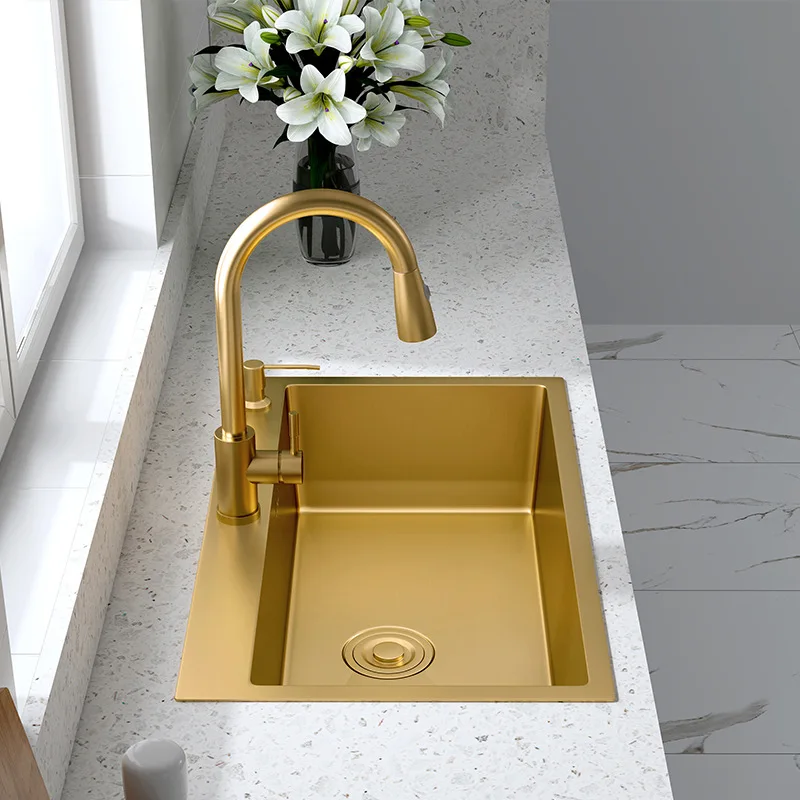 Gold Kitchen Sink Above Counter or Undermount 304 Stainless Steel Single Bowl Goldn Basket Drainer Soap Dispenser Washing Basin