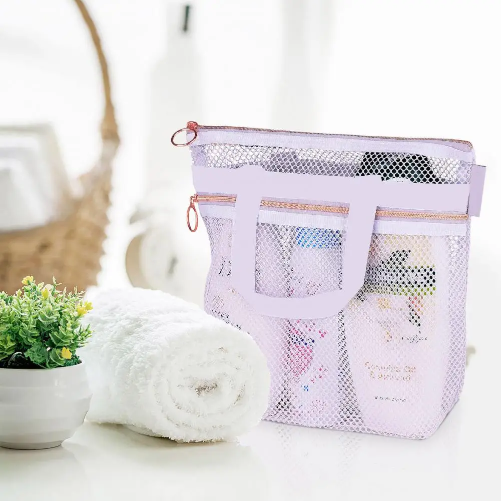 Portable Shower Handbag Easy to Clean Toiletry Bag Shower Handbag Hollow Mesh Capacity Cosmetic Bag with Zipper for Travel