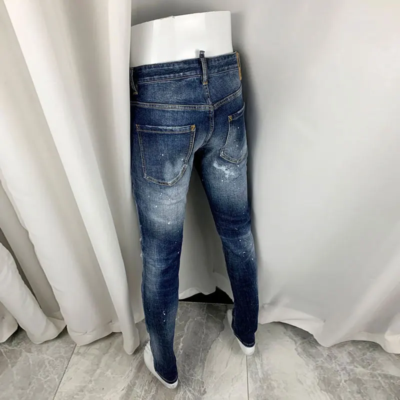 Men Medium‑Blue Whisker Gradient Wash White Paint Splatter Light Distressed Stretch Skinny Denim Jeans Hip‑Hop Streetwear Denim
