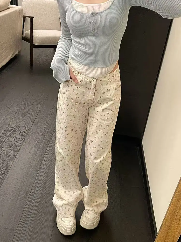 Gedruckt Floral Denim Hose Frauen Jeans Vintage Gerade Hosen Herbst Frühling Mode Weibliche Beiläufige Breite Bein Hosen
