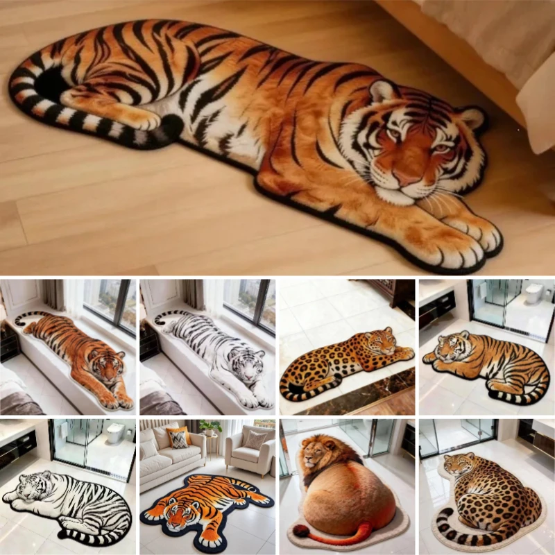 Unique 2D Flat Tiger Bedroom Carpet Water-absorbing Non-slip Doormat Abrasion-resistant Lifelike Bedside Rug Home Entryway Decor