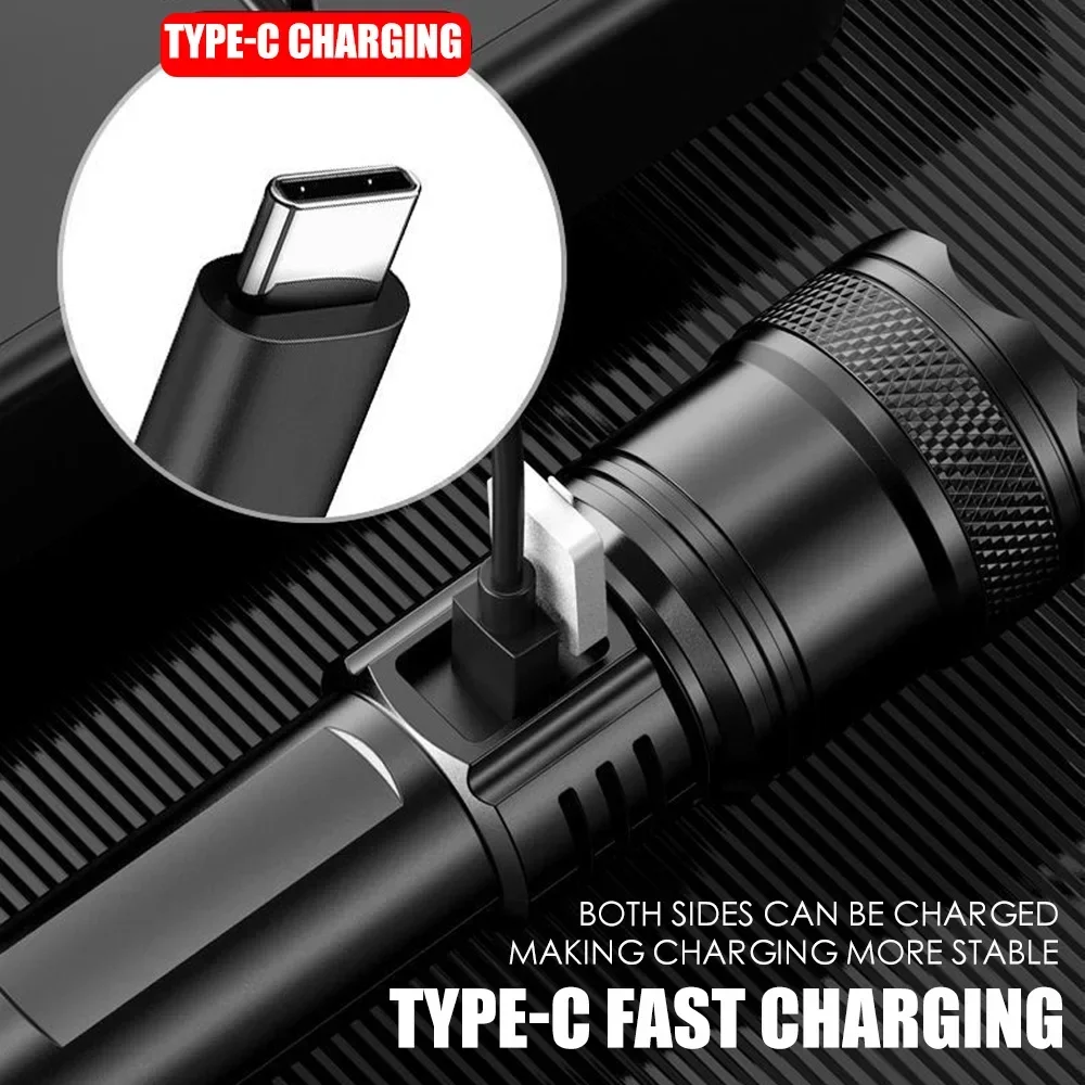 Hochstarke LED-Taschenlampen, 2000 lm, taktische Taschenlampe mit Display-Licht, USB-Aufladung, Camping, Angeln, Notfall-Zoom-Laterne