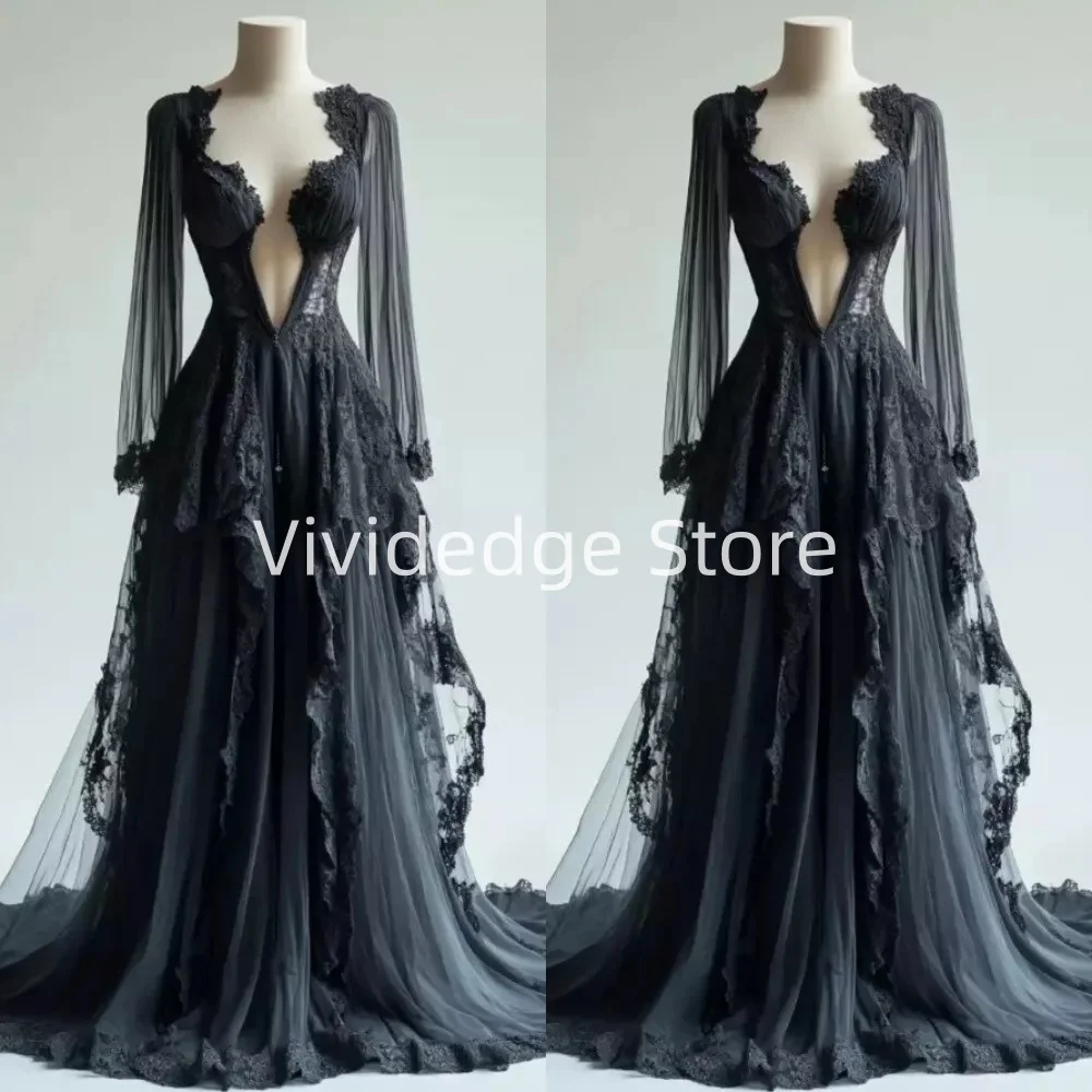 Robe de Mariée Gothique Personnalisée avec Appliques en Dentelle, Col en V, Manches sulf, Ligne A, pour les Patients, Quelle que soit la Grande Robe Éducative, 2025