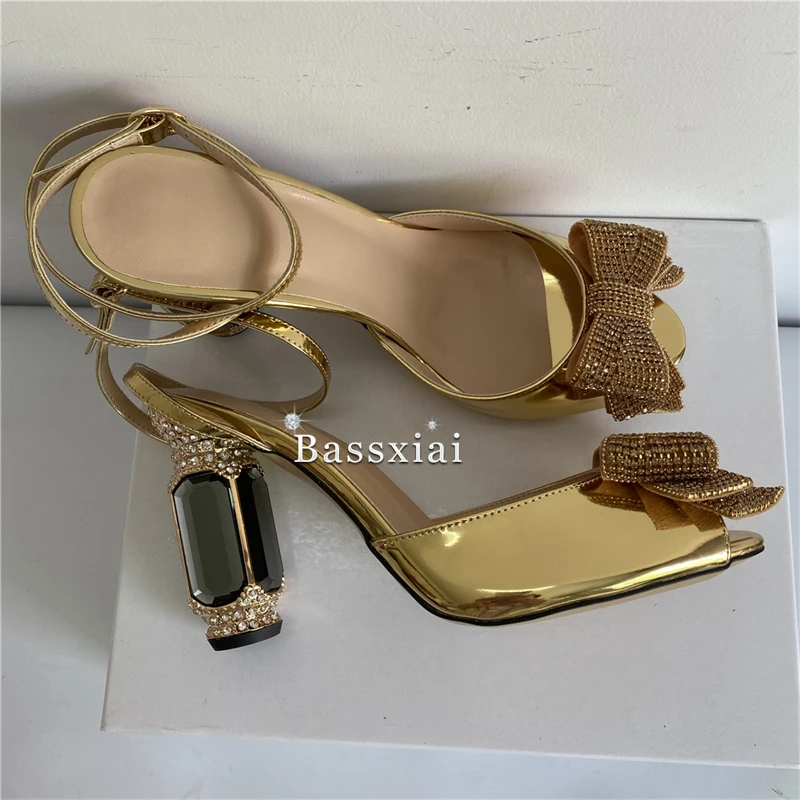Crystal Jeweled Butterfly-Knot Sandals Women Luxury Patent Leather Ankle Strap Diamond High Heel Party Shoes Summer view 3