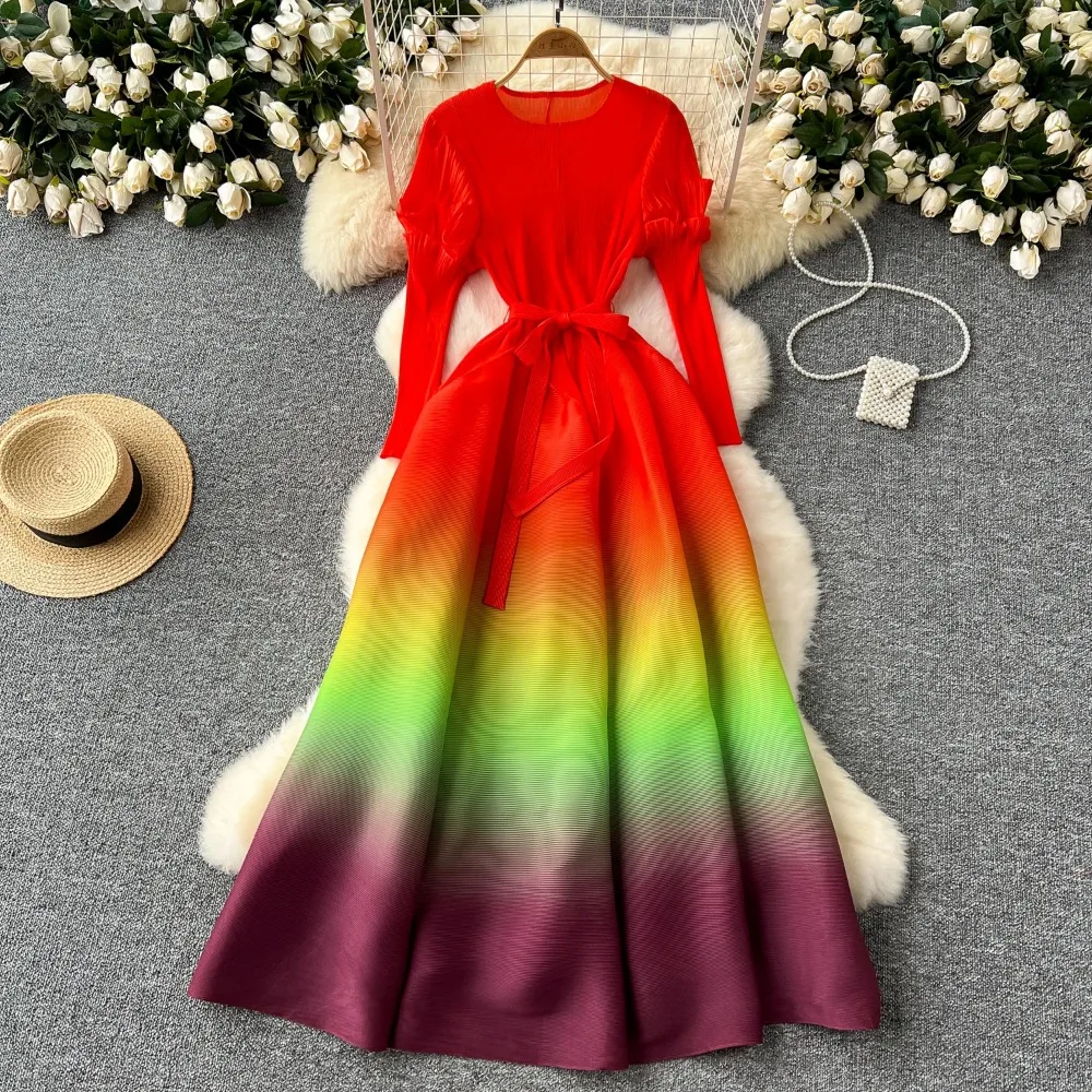 Vintage Elegant O-neck Petal Sleeve Gradient Dress A-line Fashion Beach Spring Summer Vestidos Women Belt Sweet Dresses