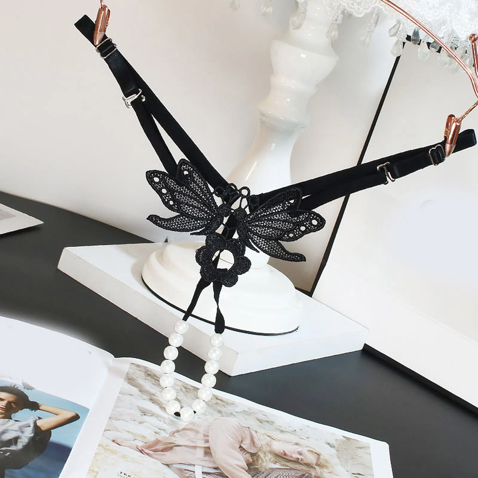 Dámské kalhotky s vyšívaným dutým motýlem, sexy, s nízkým pasem, šněrovací spodní prádlo, otevřený střih, perlové masážní tanga - náhled 5