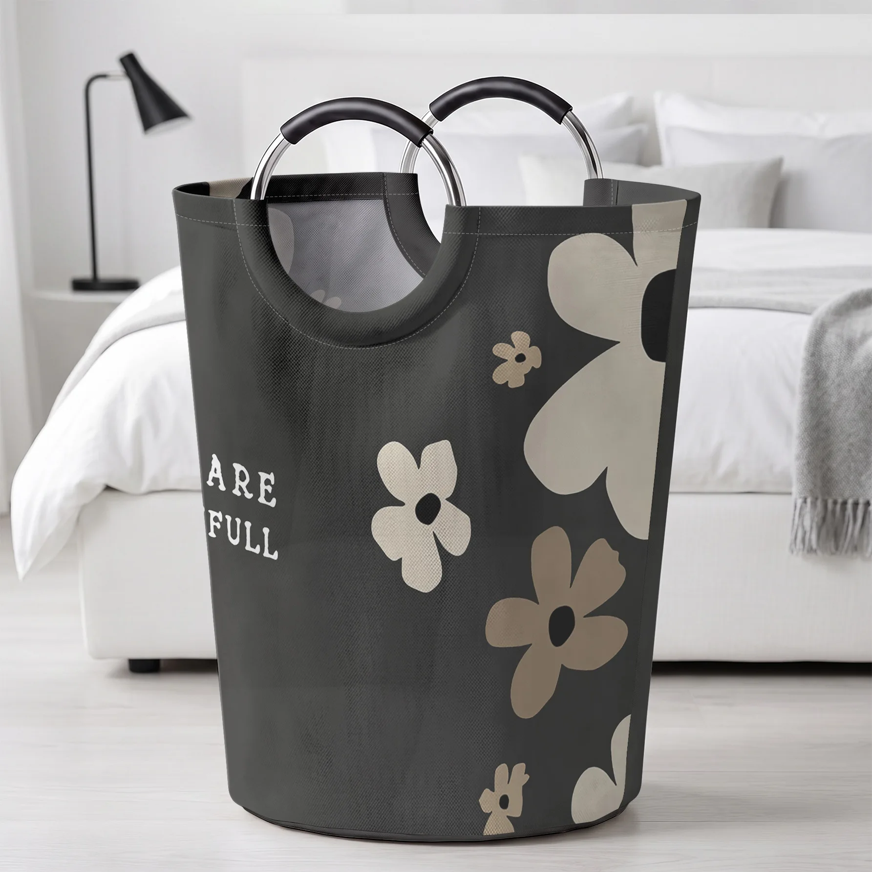 Morandi Floral Text Print Handled Storage Basket, Large Capacity, For Laundry, Bedroom & Sundries Storage