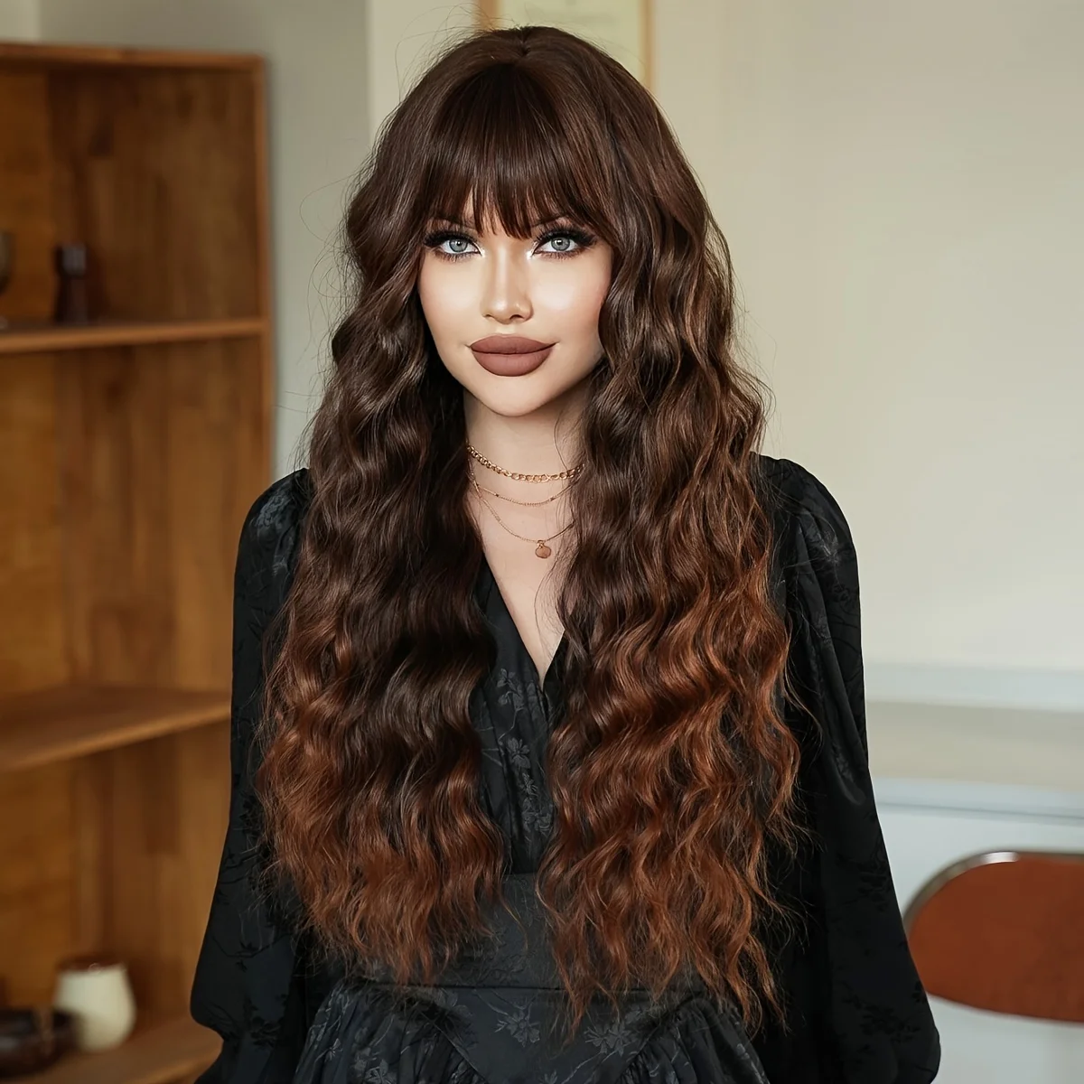 Women's Synthetic Wavy Curls Golden Brown Fiber High-Density Wig with Bangs Party Wig Heat-Resistant Cap 75cm