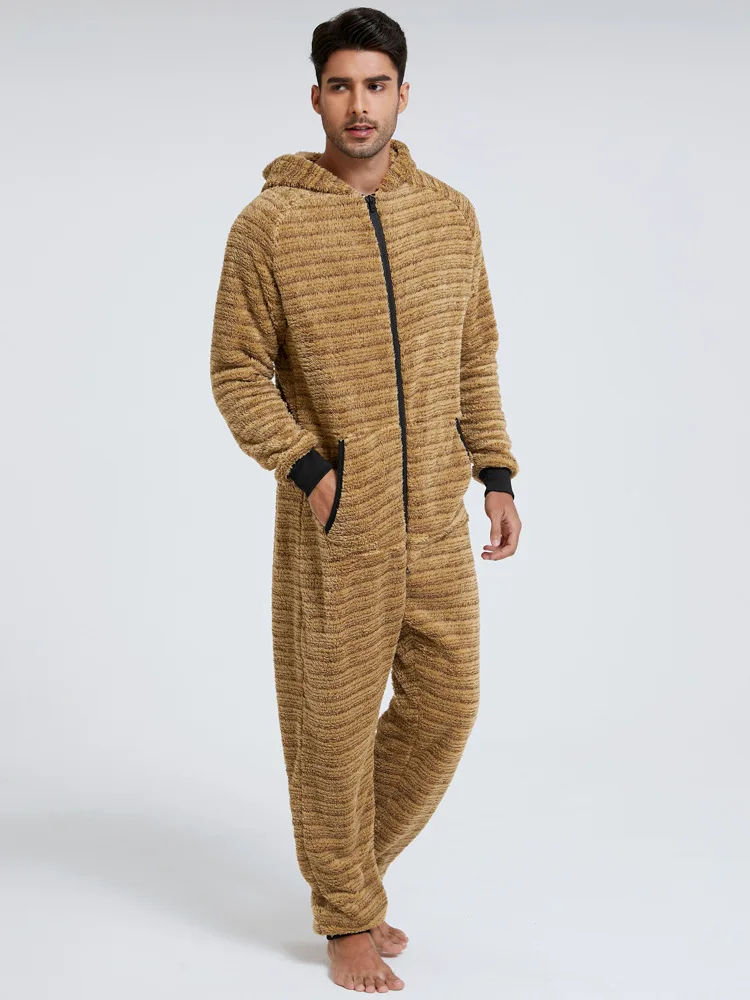 Thick Hooded Jumpsuit Men Solid Color Flannel Onesie Pajamas Adults Winter Autumn Warm Sleepwear Costume Onesies For Men