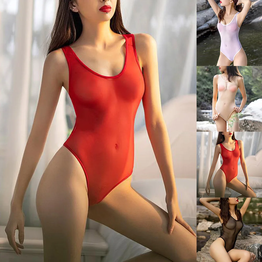 Bodysuit de malha pura para mulheres, lingerie sexy, tangas de corte alto, macacão ver através, moda praia, roupas íntimas quentes