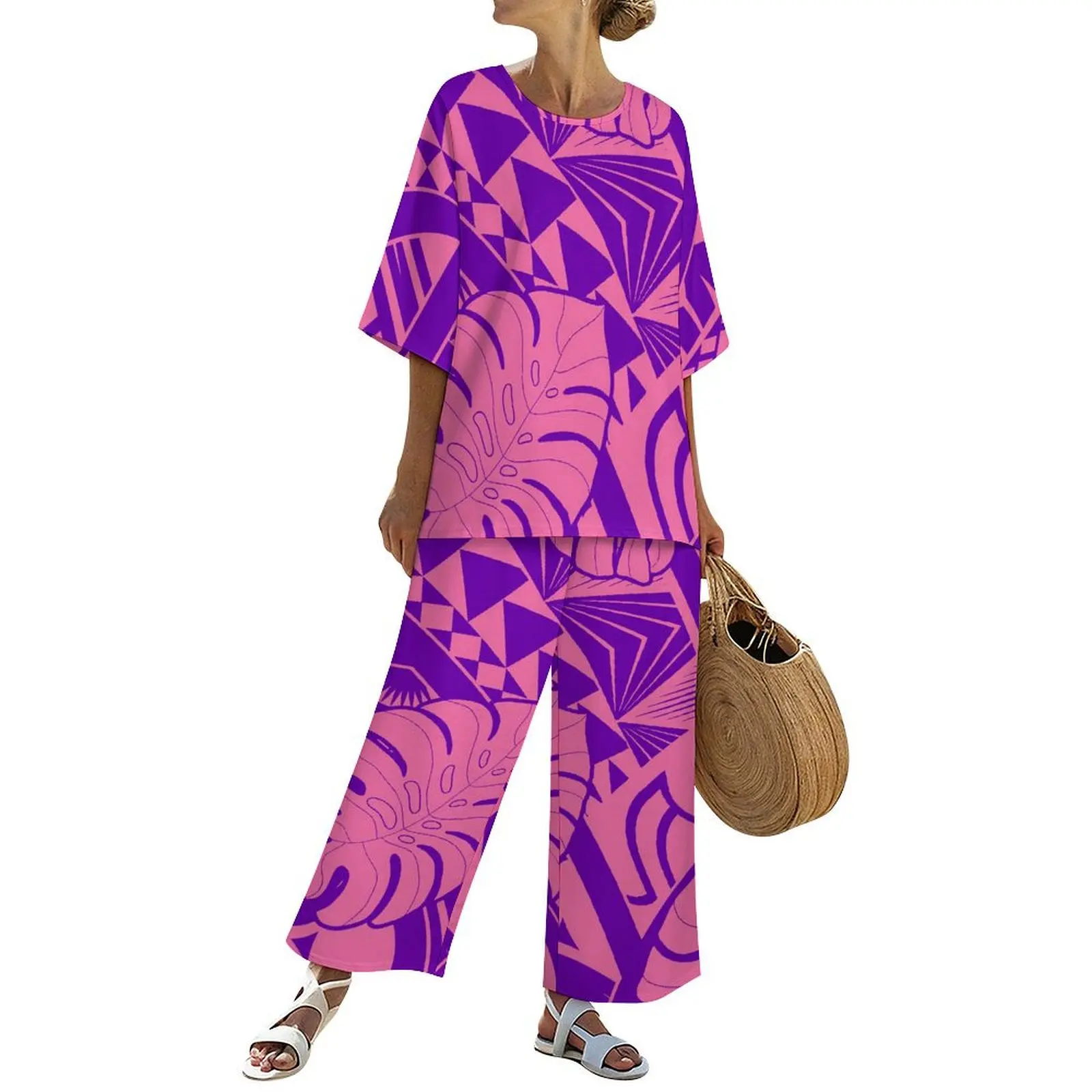 

Новые пользовательские женские длинные широкие брюки с этническим дизайном Самоа, большие брюки с полинезийским татуировкой и круглым вырезом, топ с рукавами «летучая мышь»