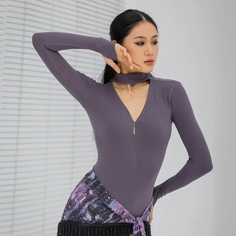 라틴 댄스 점프 슈트 여성 스탠딩 칼라 속이 빈 댄스 복장 세련된 요가 연습 긴팔 탑 댄스 점프 슈트