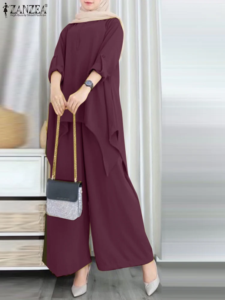 

ZANZEA Elegant Women Tracksuits 2PCS Muslim Sets Long Sleeve Blouse Wide Leg Pant Suits Fashion Solid Loose Matching Sets 2024