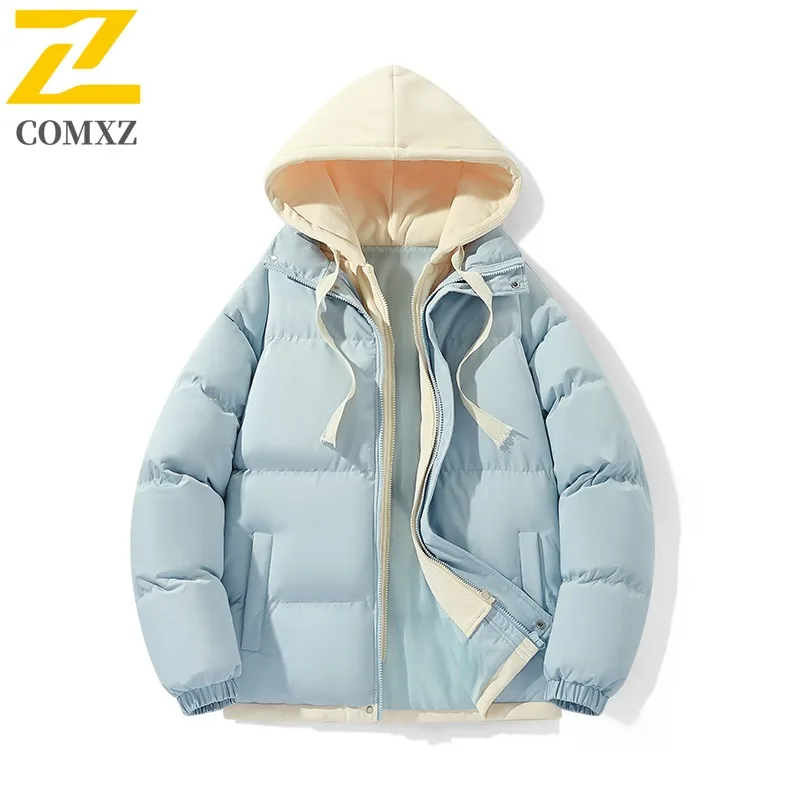 

COMXZ 2025 Unisex Hooded Fashion Thick Windbreaker Winter Waterproof Windproof Padded Fake Two Piece Puffer Outdoor Sports Coat