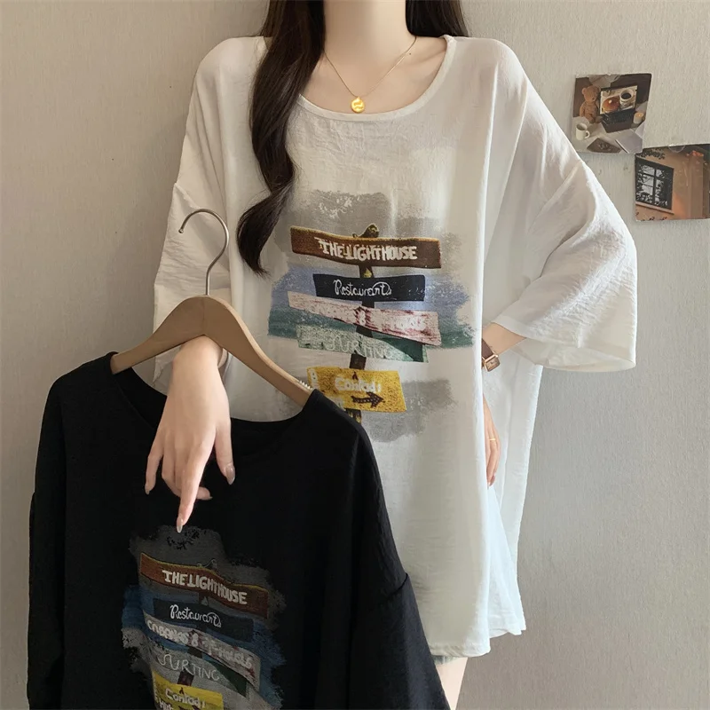 

Fashionable plus Size Women's T-Shirt Summer New Print Loose Short Sleeve Base Shirt Artistic Commute Style round Neck Thin M...