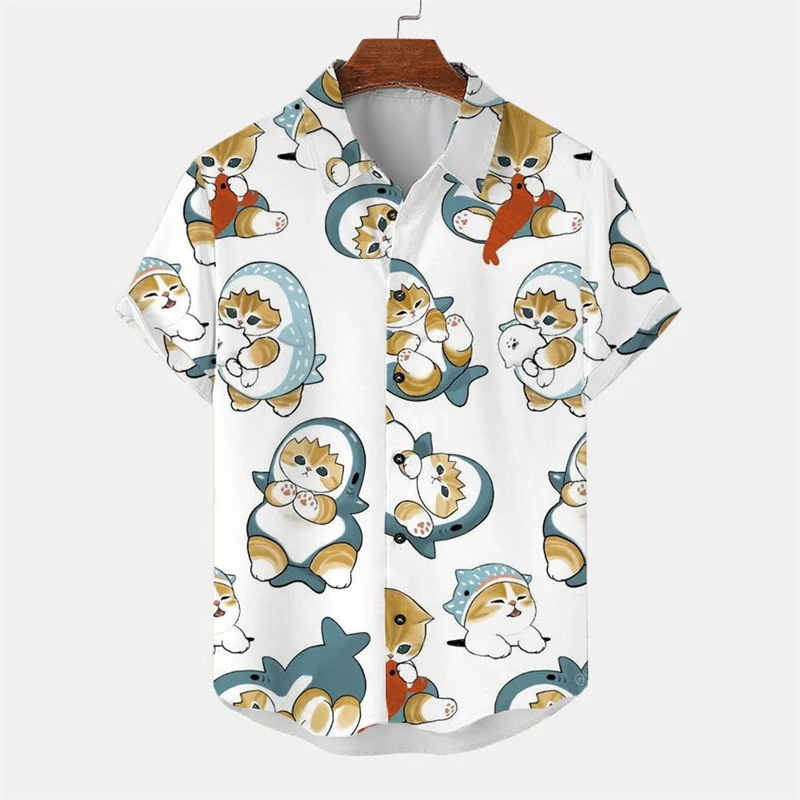 Fashion 3d Printed Cartoon Cat Hawaiian Shirt For Men Summer Vacation Button Down Lapel Shirts Cool Street Short Sleeve Blouse