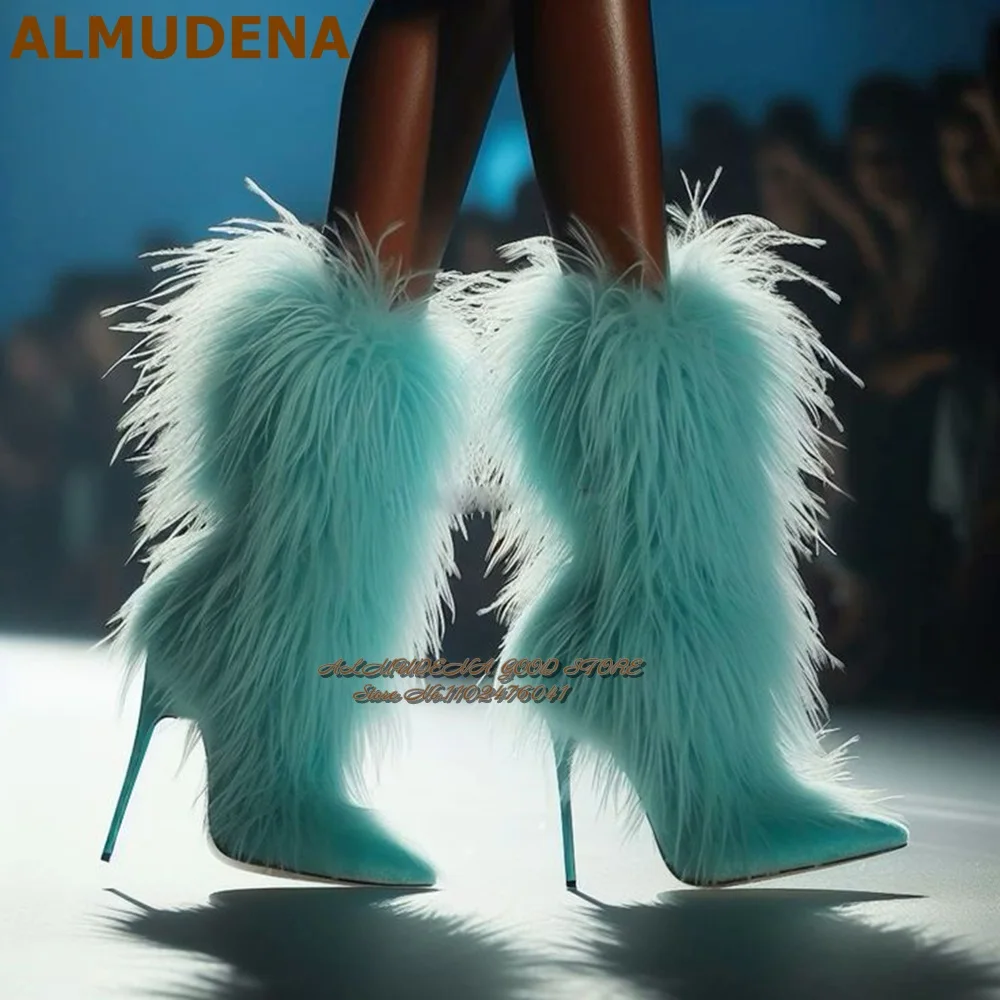 ALMUDENA Turquoise Fluffy Feather Mid-Calf Boots Lake Blue Suede Pointed Toe Fur Middle Boots Thin High Heel Warm Dress Shoes