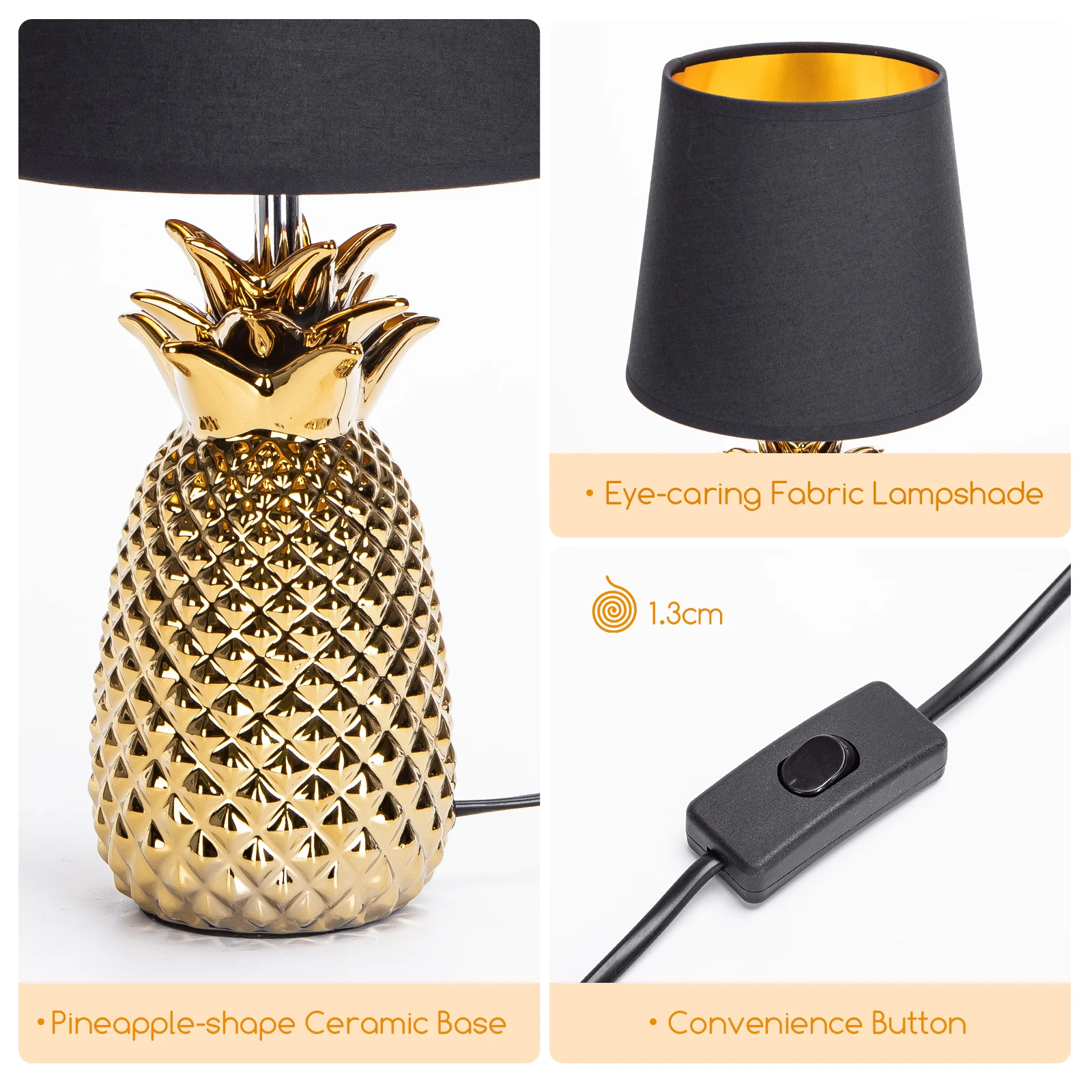 مصباح طاولة سيراميك على شكل أناناس من Aigostar ، مصباح طاولة ذهبي بجانب السرير مع عاكس للضوء من القماش ، مصباح بجانب السرير لغرفة النوم ، غرفة المعيشة ، هدية بدون مصباح ، H36cm ، غطاء E14