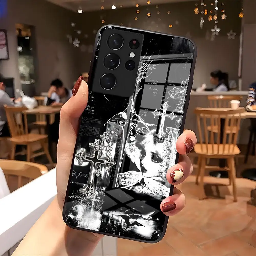 Gothic Coquette Cyber Sigilism Cross Phone Case For Samsung S25 S24 FE S23 S22 S21 Plus S20 Ultra Note20Ultra Black Glass Cover