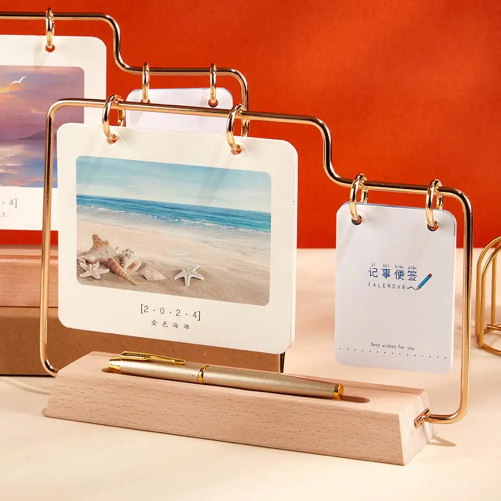 Calendario de escritorio fiable con ranura para bolígrafo, Base de madera maciza 2024, con hebilla de Metal para el hogar