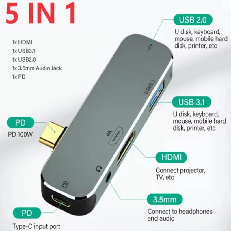 PD100W Type-C Uitbreidingshub USB C naar HDMI USB 3.0 USB3.1 3,5 mm Jack Converter Connector USB Extender PC Computer Laptop Splitter