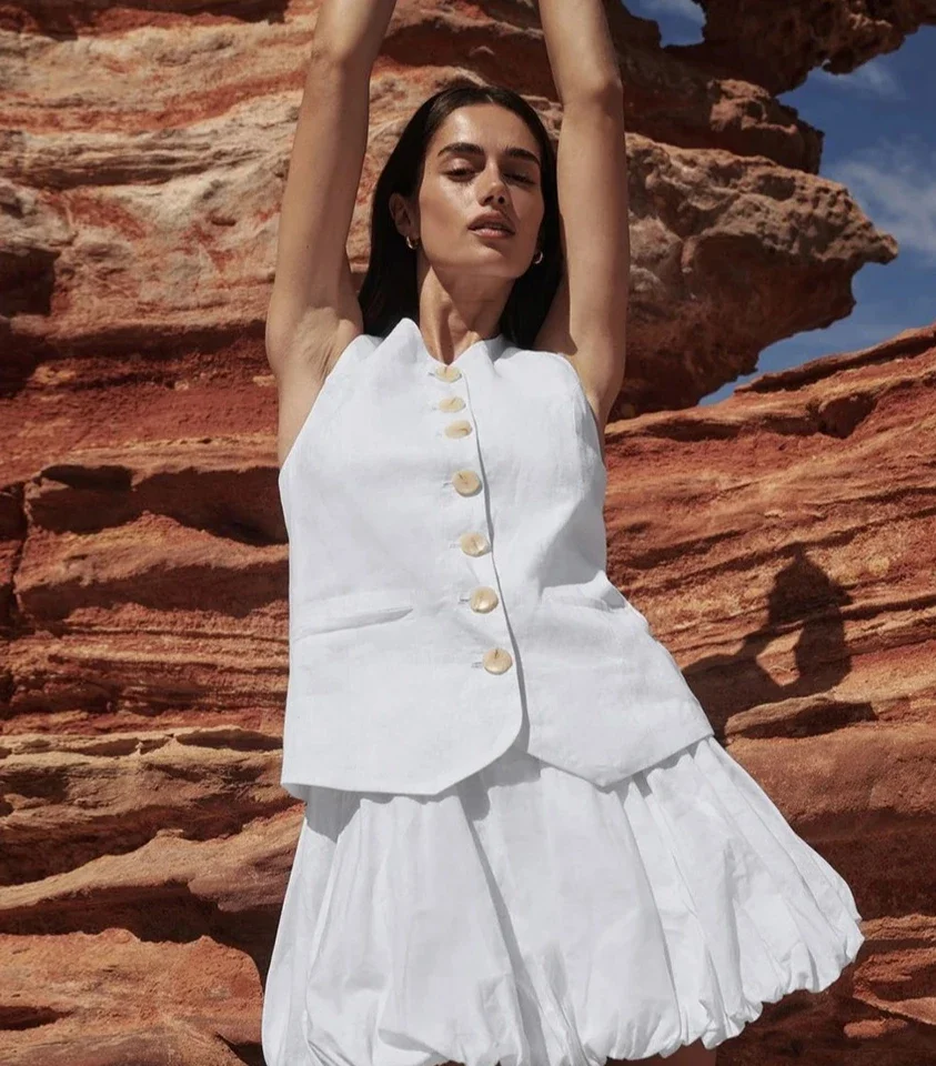 

Summer Loose White Cotton 2 Piece Sets Women Outfit Fashion Sleeveless Tank Top With High Waist Pleated Mini Skirt Set