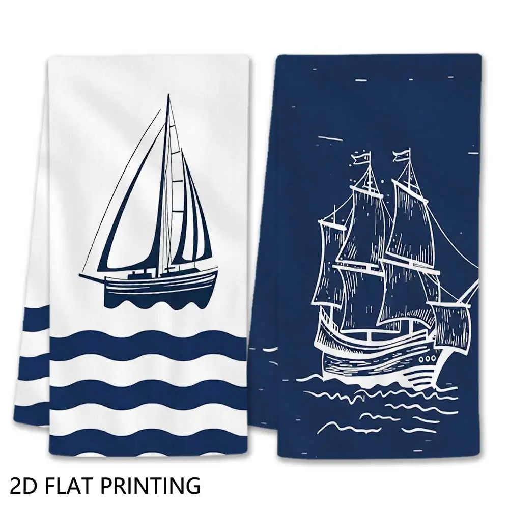 Jit 2pcs Nautical Sailboat Vintage Ship Pattern Dish Towels For Home Kitchen Coastal Decor
