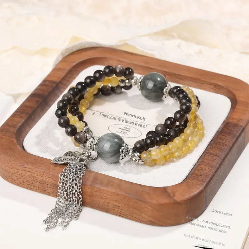 Original Design Grey Rabbit Hair Gold Hair Crystal Silver Obsidian Bracelet Retro Chinese Crystal Wholesale Niche