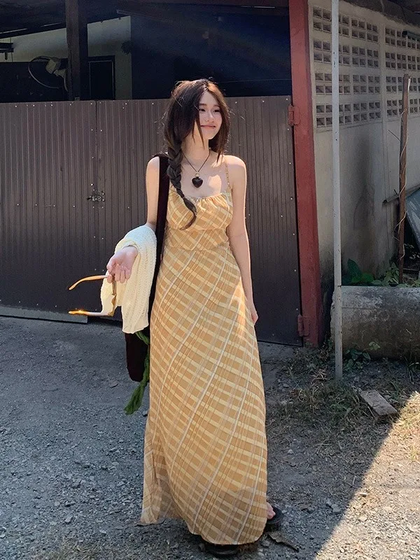 

plus Size Women's Summer Yellow Striped Belted Wrap Dress City Commute Style High Waist Long Skirt Korean Version Slim Fit