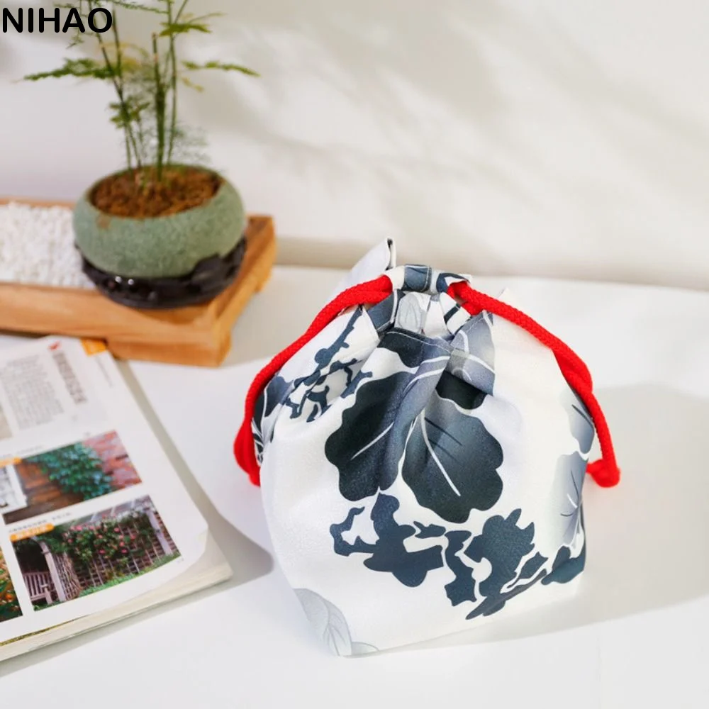 Canvas Bag Printing Drawstring Bag Japanese Style Small Pouch Cloth Sundries Storage Bag Hanfu Wrist Bag Coin Purse Bucket Bag