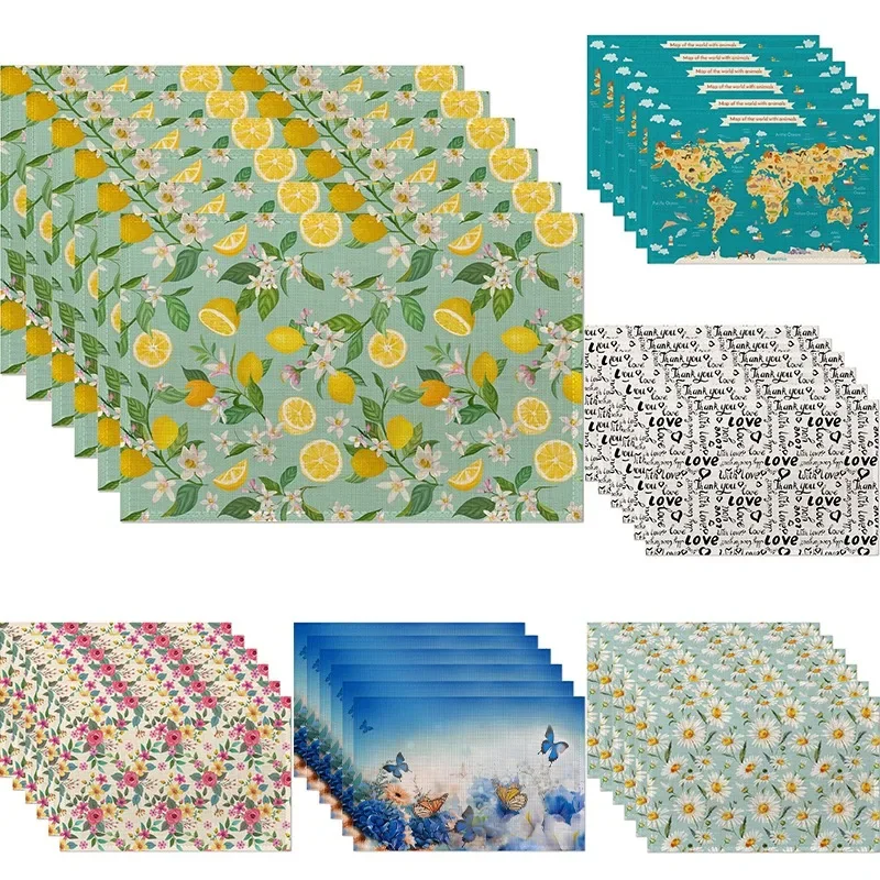 Lemon Pattern Tropical Fruit Leaf Floral Printed Linen Placemats for Kitchen Dining Picnic Party Decoration