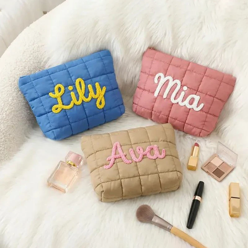 Custom Embroidered Puffer Toiletry Bag Personalized Quilted Cosmetic Case Travel Makeup Organizer Bridal Party Gift Storage Bags