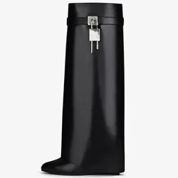 2025 herbst Winter Lock Stiefel Frauen Designer Knie Stiefel Frauen Marke High Heel Ritter Stiefel Falten Mode Gothic Keil Lange Boot