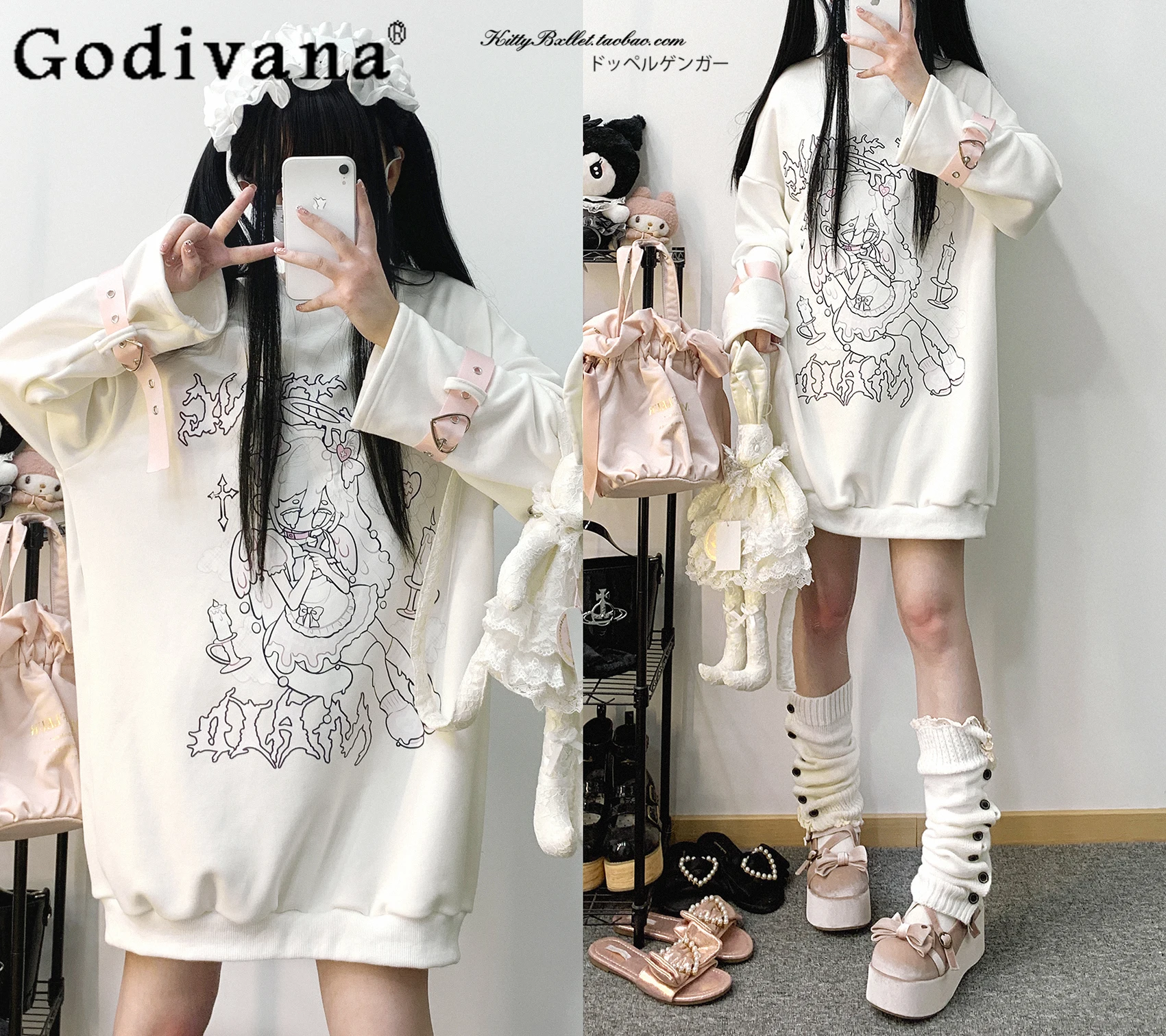 

Gothic Harajuku Y2k Loose Sweatershirt Japanese Mine Lace-up Print Oversize Mid-Length Hoodies Girly JK Fashion Women Lolita Top