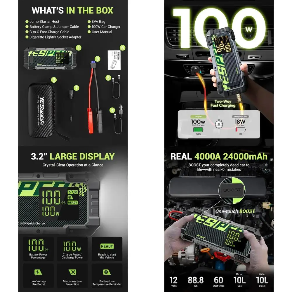

4000A Jump Starter, автомобильный аккумулятор 12 В, блок питания 24000 мАч, (все газовые/дизельные двигатели/10 л) Портативный стартер для автомобиля