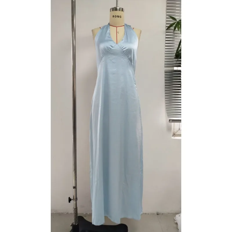 Women Satin Solid Color Deep V-Neck Bow Tie-Up Halter Neck BacklessSummer Fashion Sleeveless Casual A-line Tank Dress