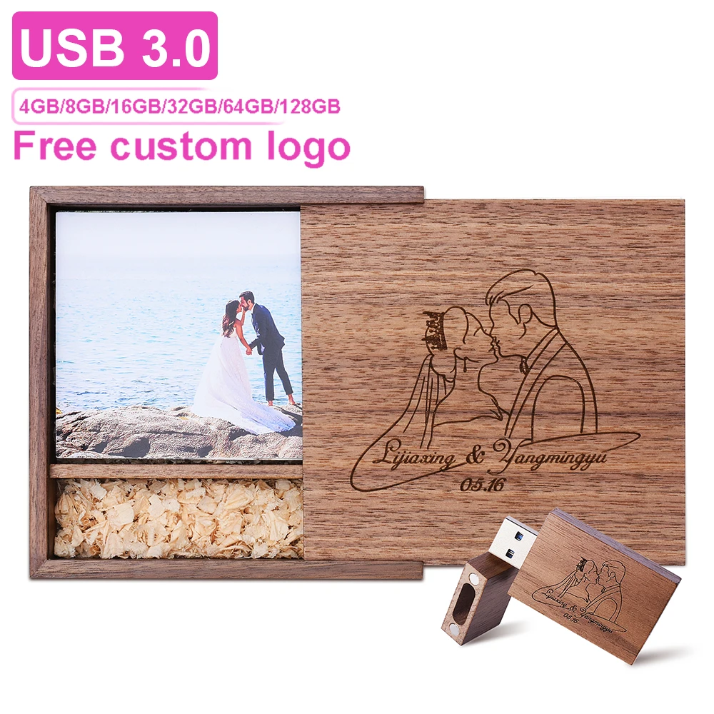 

New Wooden USB 3.0 Flash Drive 64GB with Album Box Memory Stick 32GB Free Custom Logo Pendrive 16GB Photography Studio U Disk 8G