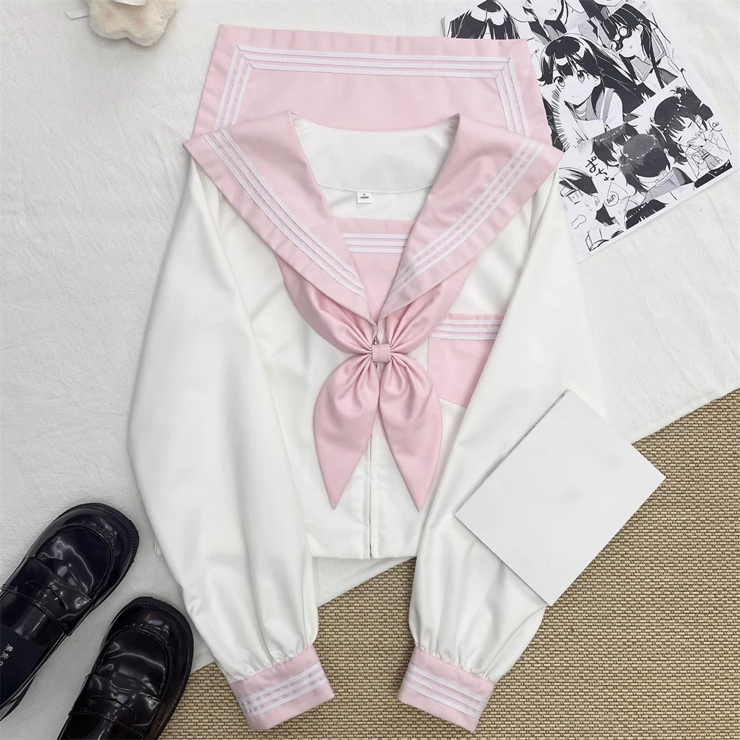 Abito da marinaio bianco rosa per donna ragazza giapponese scuola superiore Seifuku marinaio Fuku manica lunga corta studenti coreani uniformi Jk Set