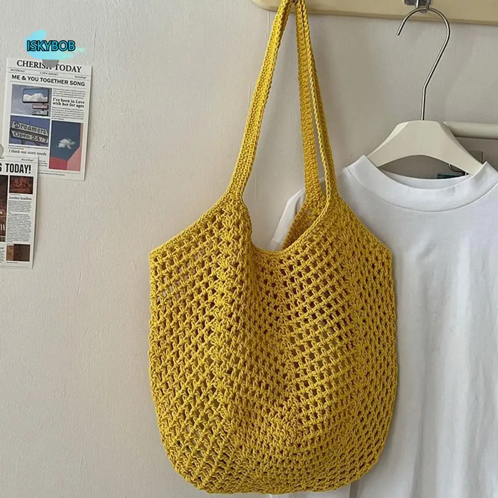 

Мягкая однотонная вязаная сумка на плечо, большая вместительная богемная вязаная крючком сумка-тоут, универсальная повседневная тканая сумка, пляжная