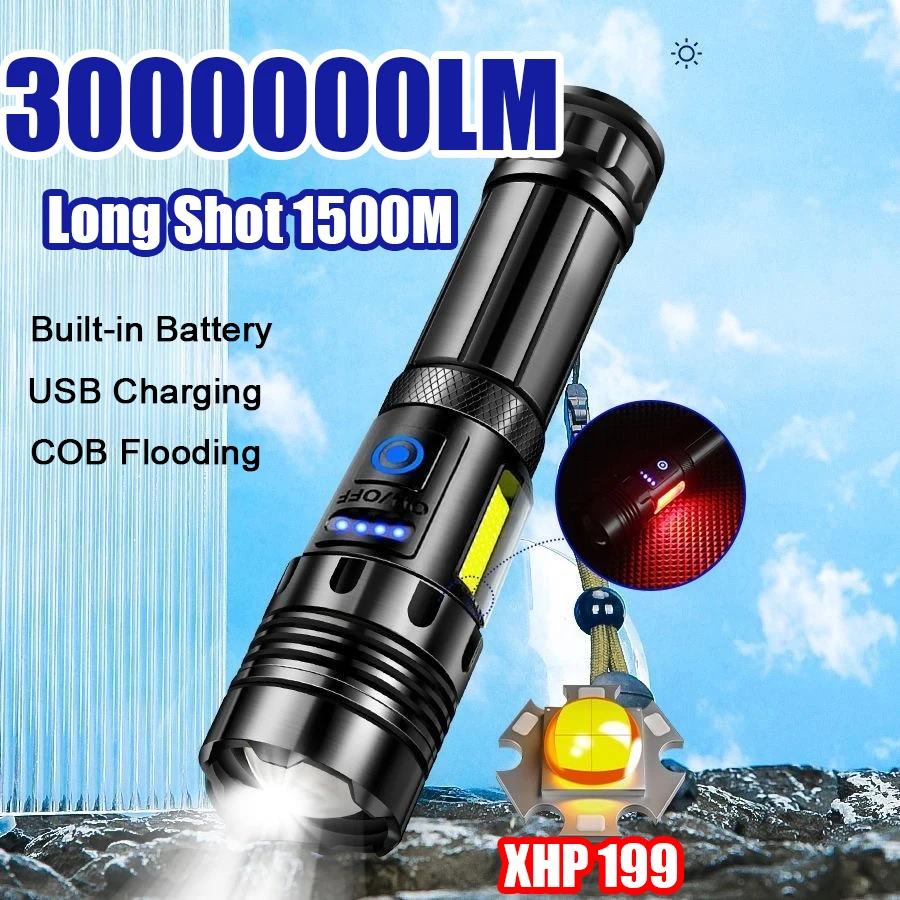 

3000000LM Ультра яркий фонарик XHP199 Перезаряжаемый фонарик Встроенный аккумулятор Фонарик из АБС-пластика Портативный уличный фонарь для кемпинга