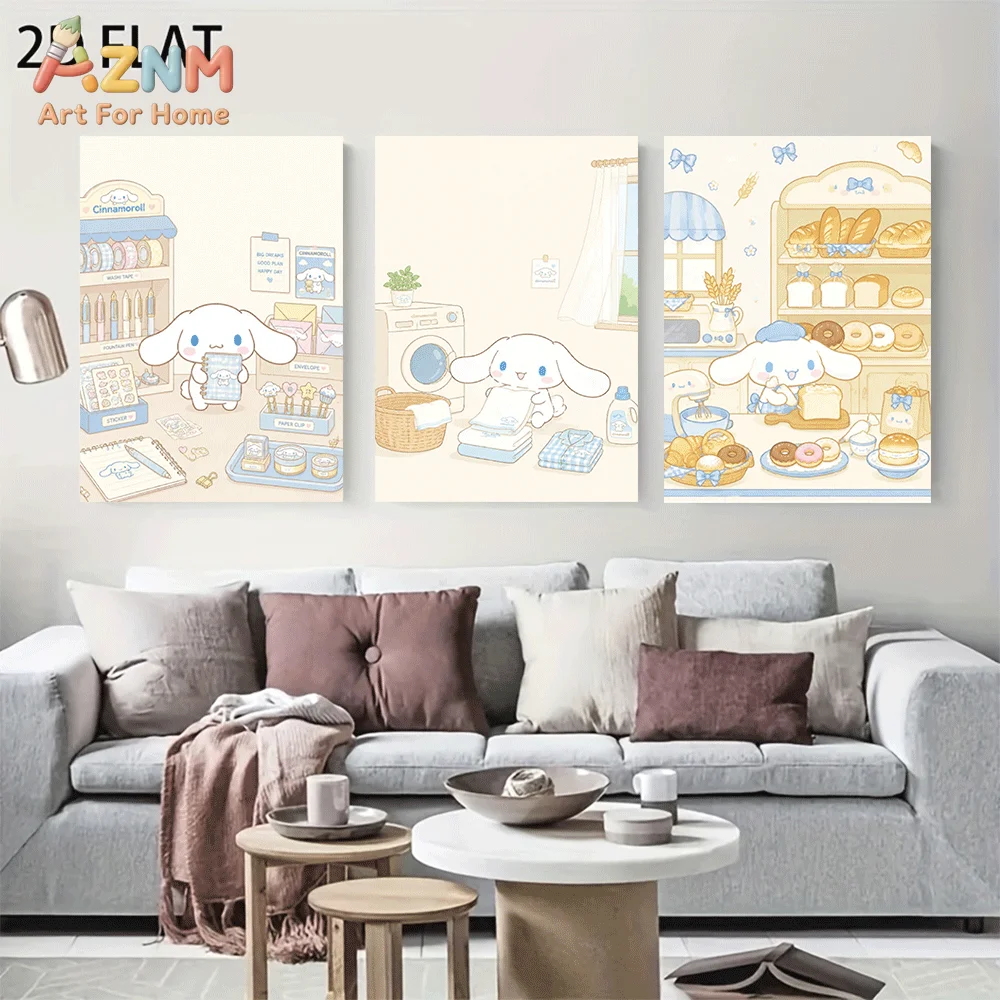 AZNM Cinnamoroll Canvas Wall Art Unframed Cute Cartoon Print Poster Stationery Shop Laundry Room Bakery Donut Croissant Bow Desi