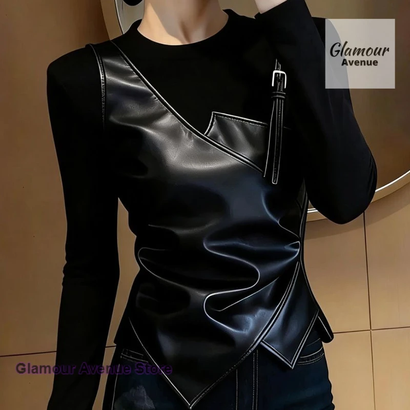 

French temperament high sense black stitching fake two-piece long-sleeved T-shirt women's spring fashion casual bottoming shirt