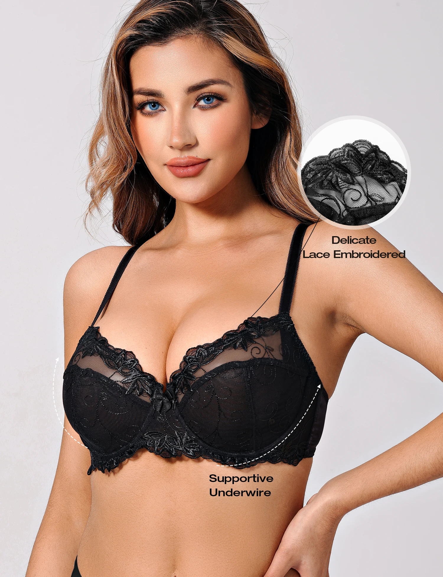 Wingslove Women Transparent Sexy Lace Bra Full Coverage Unline Bra Plus Size See-Through Underwire Lingerie Embroidery Underwear