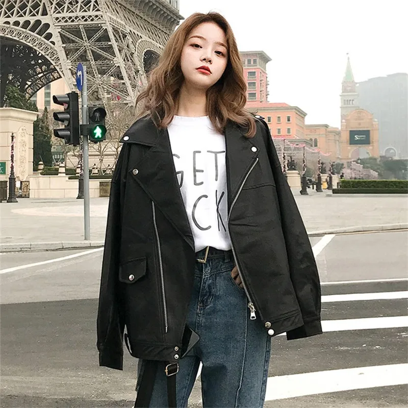 Faux Leather Jacket Women Casual PU Loose Motorcycle Jackets Female Streetwear Oversized Coat Korean Chic 2023 Spring Autumn