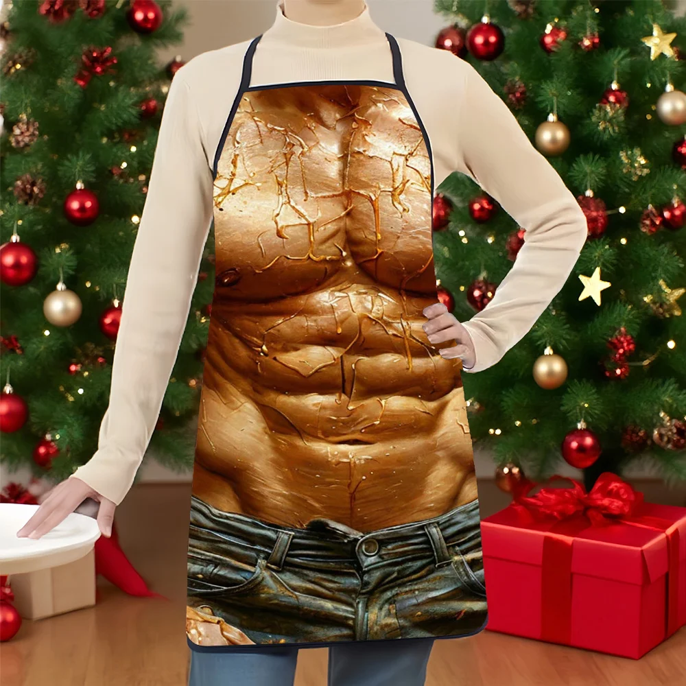 Greasy Muscular Chest Body Illusion Apron 3D Printed Polyester Waterproof Kitchen Cooking Baking BBQ Grill Party Gag Gift