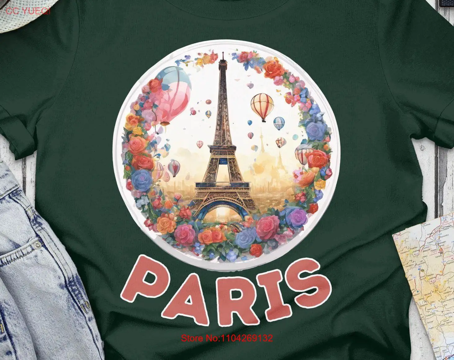 Paris Eiffel Tower Floral Print T Shirt Colorful Hot Air Balloons Design Romantic Parisian Fashion Trendy