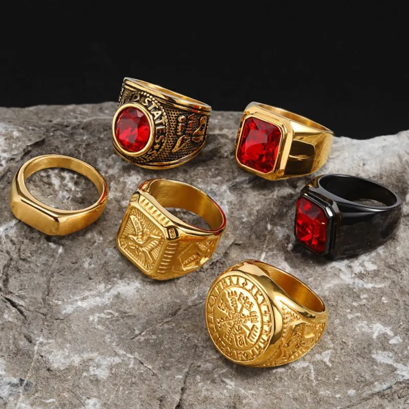 Vnox Retro Niche Rings For Men, Stainless Steel Art Carved Gemstone Inlaid Rings, Hip Hop Male Finger Casual Trendy Wear