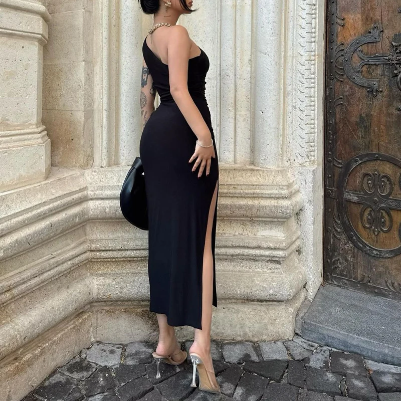 BKLD Tinta unita Una spalla senza maniche Pieghettato Split Maxi Dress Party Temperamento Moda Donna Estate Aderente Abiti sexy